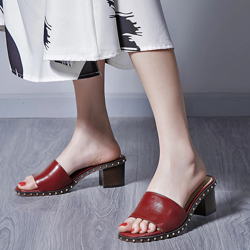 

LAPOLAKA NEW Big Size 43 Brand Sheepskin Genuine Leather Square Heel Mules Pumps Shoes Woman Rivets Women Sandals