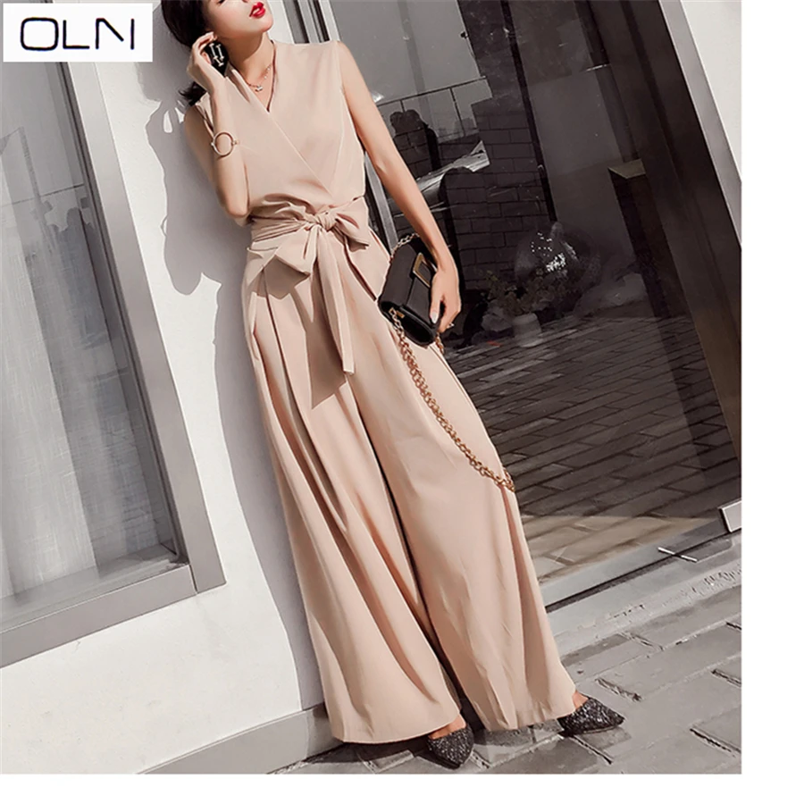 

Spring and summer new fashion Korean version of the V-neck waist bow chic wind Siamese high waist wide leg pants women w