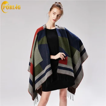 

POBING Women Poncho New Winter Cashmere Scarf Unisex Basic Geometric Scarf Vintage Long Pashmina Shawls And Wraps Tippet Cape