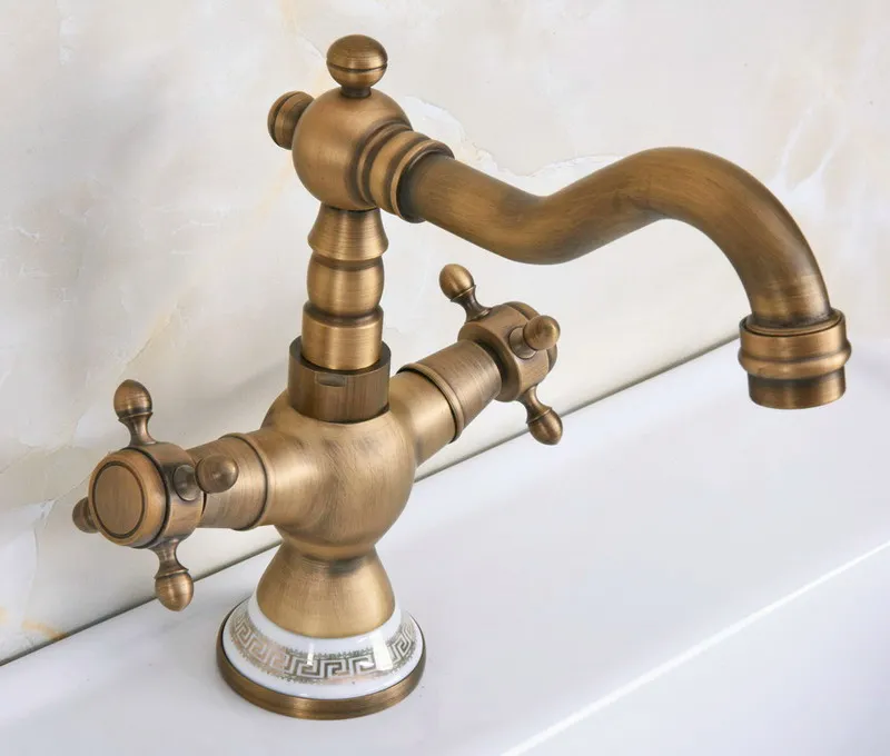 Antique Brass Dual Cross Handles Ceramic Base Bathroom Kitchen Basin Sink Faucet Mixer Tap Swivel Spout Deck Mounted mnf604