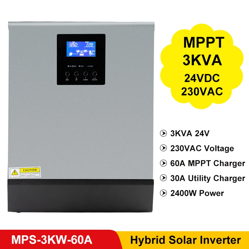 Solar e 30a Mppt Inversor Solar Híbrido 3kva – 2400w 24vdc 220vac 24v 60a Carregador ac Fora Gird Mps