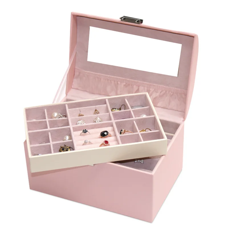 

HIgh Quality Strong Jewel Case Ladies Double Layers Carrying Display Ring Bracelet Case Leather Jewelry Birthday Gift Box NEw