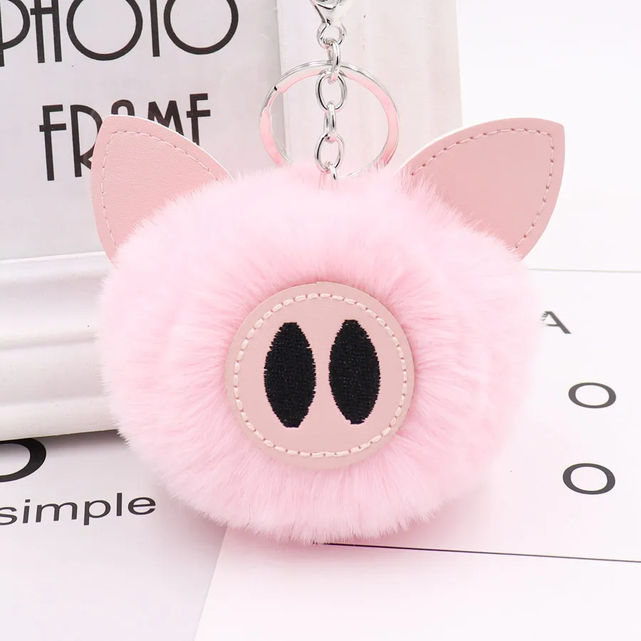 

CHXINHNS Pink Pig Pompom Keychain Cartoon Fake Rabbit Fur Ball KeyChain Women Bag Key Chain Animal Pom Pom Key Ring Jewelry