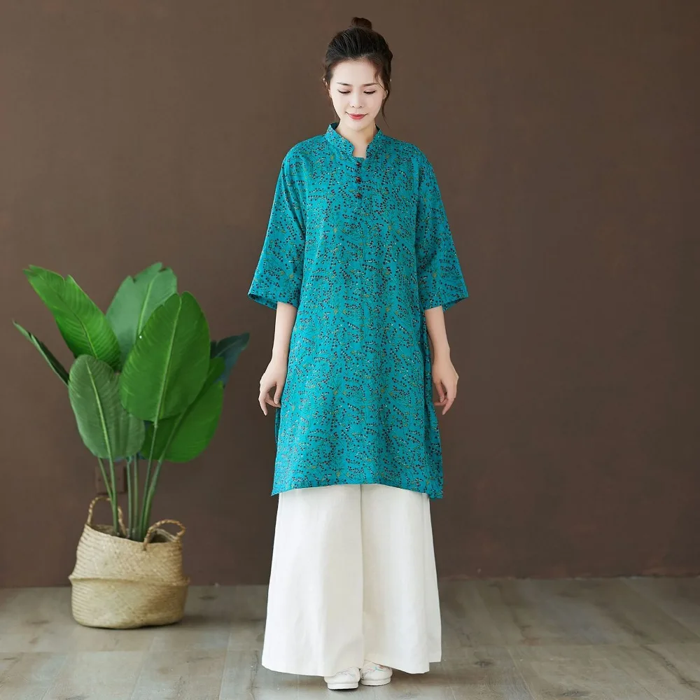 LZJN 2019 Autumn Blouse Long Sleeve O-Neck Chinese Style Shirt Ethnic Ladies Cotton Tunic Tops Floral Blouses for Women 2 Colors (9)