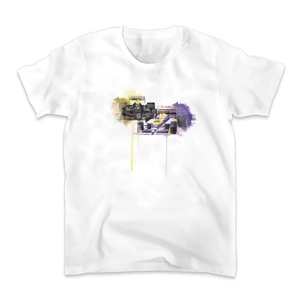 

1986 Hungary Nelson Piquet Drift overtaking Ayrton Senna scene t shirt men new white casual tshirt homme plus size TEE Shirt