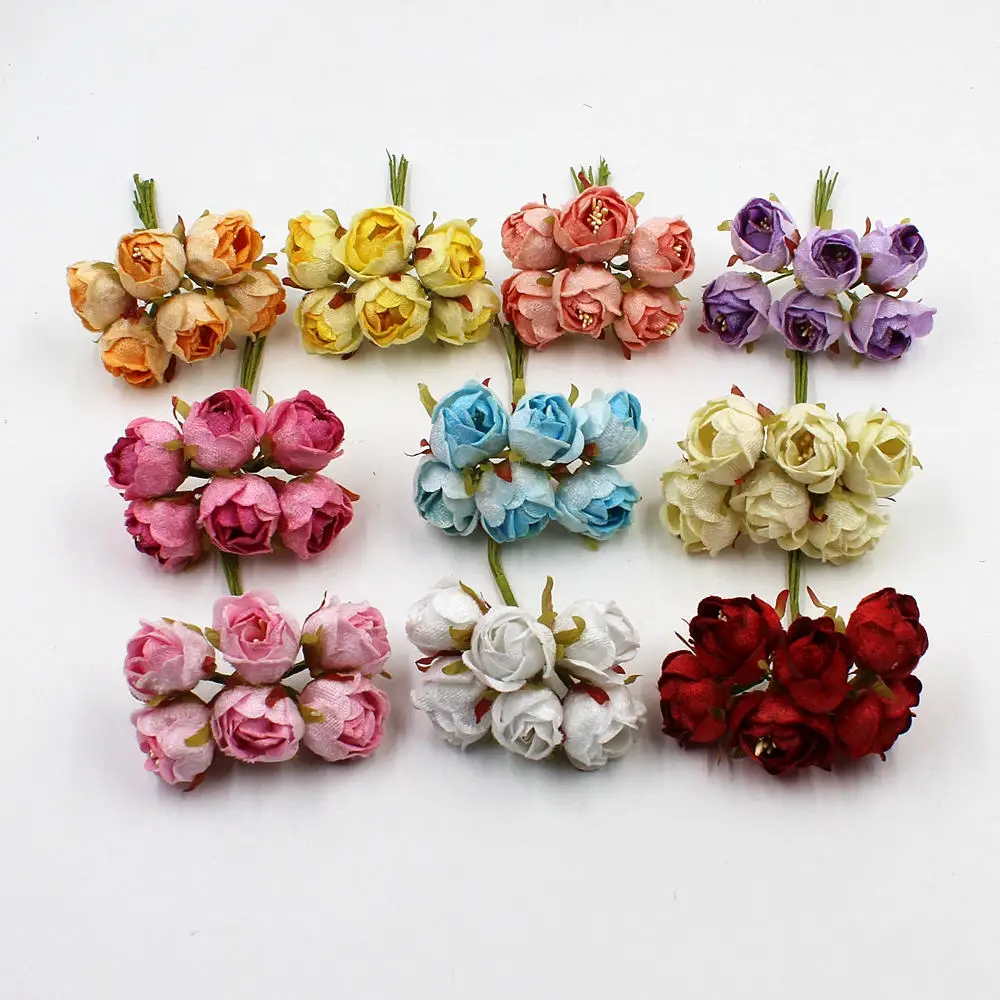 

6pcs / lot High Quality Mini Tea Rose Bud Artificial Flowers for Wedding Home Decoration Wreath Jewelry Scrapbooking DIY Handmad
