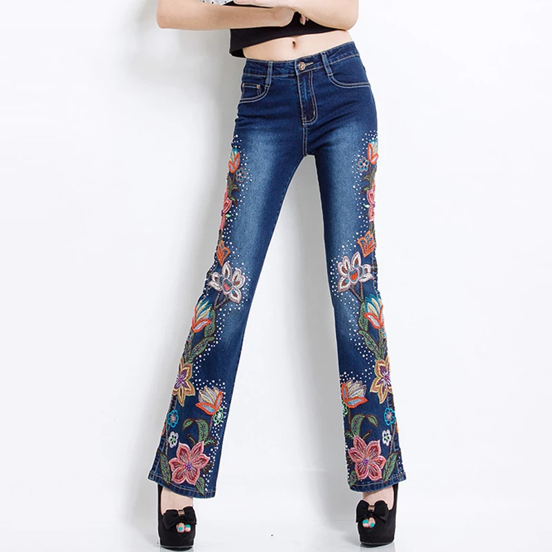 Women Embroidered Beaded Jeans Rhinestone Bell Bottom Flared Pants ...