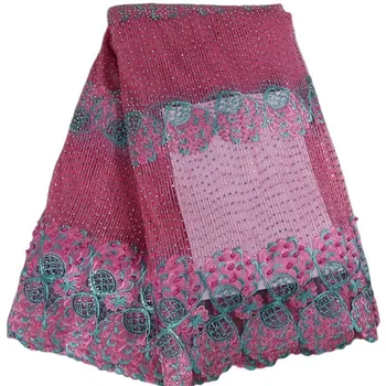 

Latest French net fabric mesh material with cord lace African tulle lace material with rhinestones and beads XNE37(5yards/lot)
