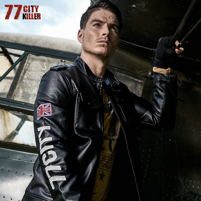 

77City Killer 2018 Letter Military Leather Jackets Men Autumn Winter Pilot Military Motorcycle Pu Leather Jacket Plus Size M-4XL
