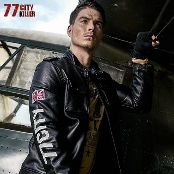 

77City Killer Military Leather Jacket Men Spring Autumn Pilot Letter Windbreaker Motorcycle Pu Leather Coat Male Plus Size M-4XL