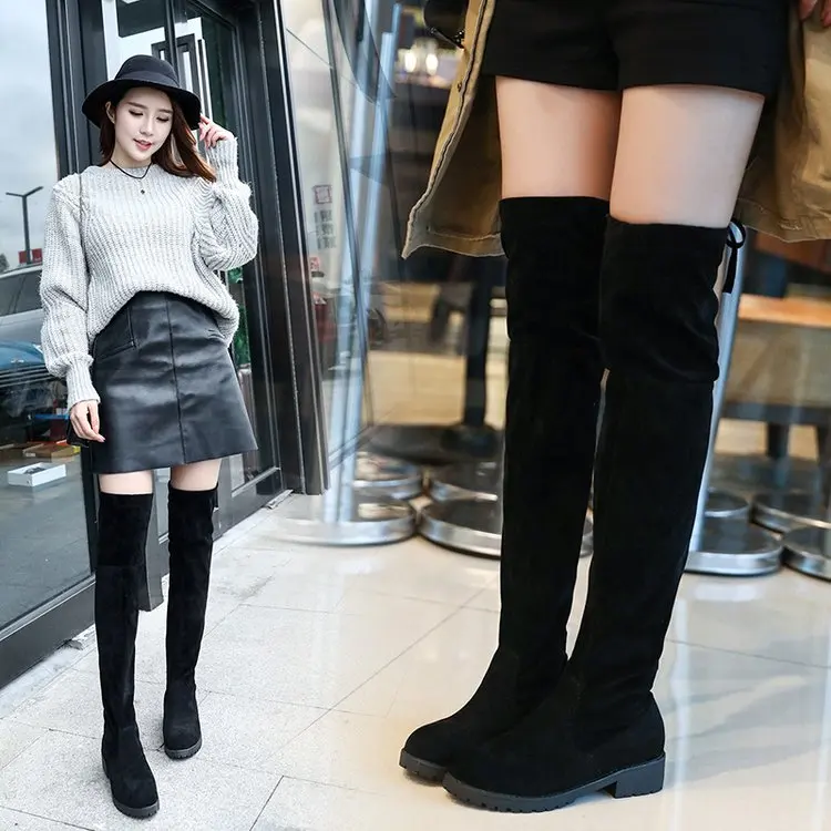 black long overknee boots women shoes woman botines mujer black booties ladies shoe knee high boot