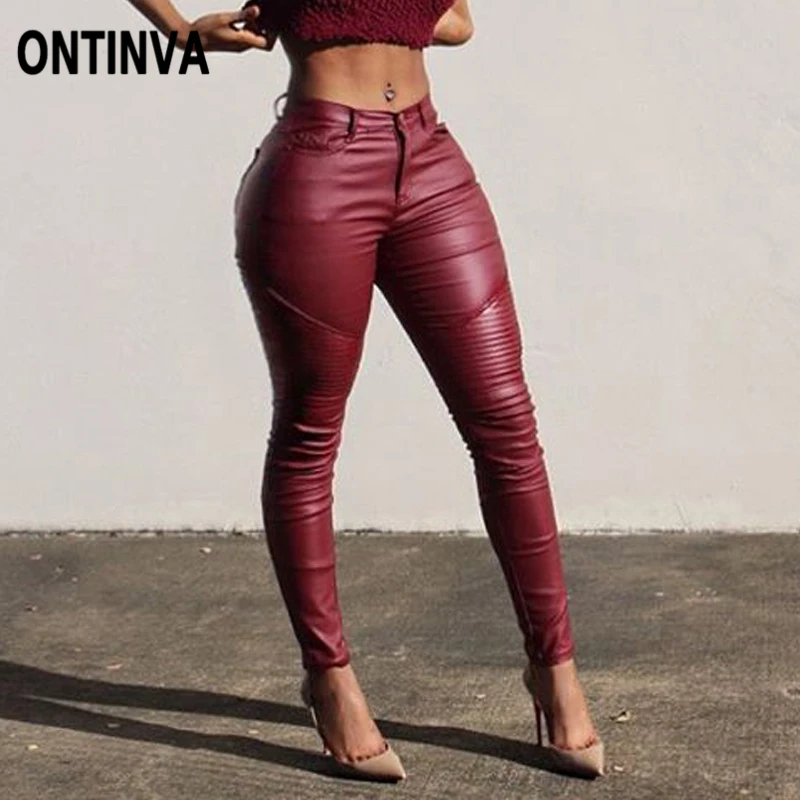 

Hip Push Up PU Leather Leggings High Waist Pencil Pants Sexy Women Skinny Trousers Ruched Burgundy Black Legging Girls Jeggings