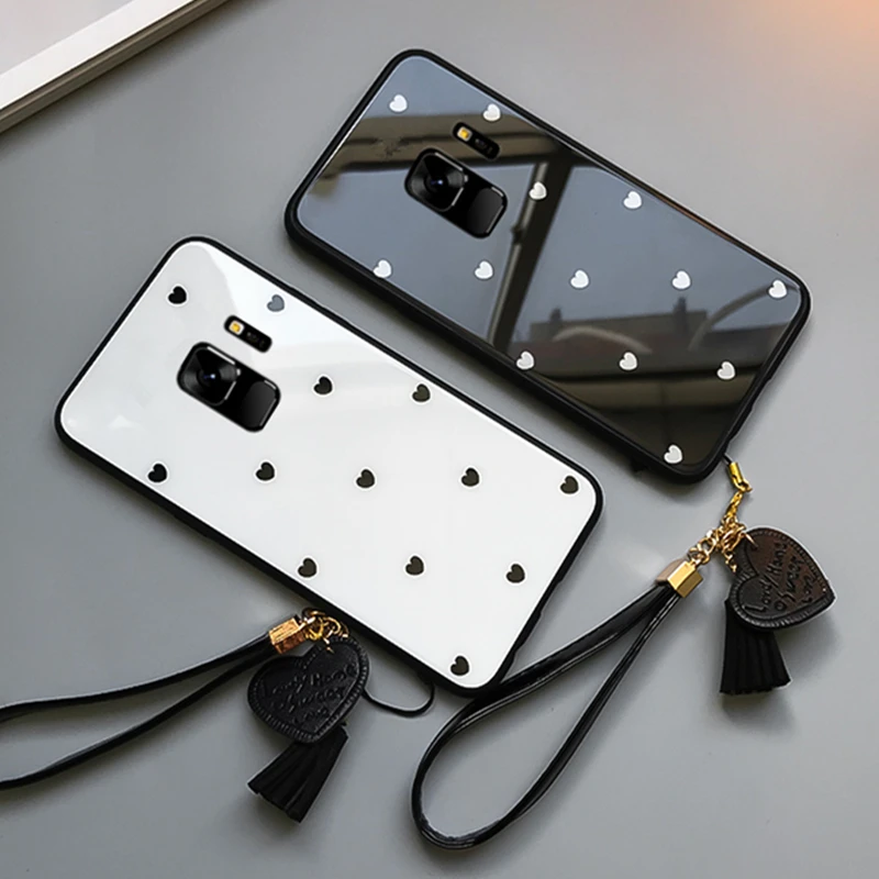 For Samsung Galaxy s10 s10e s9 s8 plus note 8 9 M10 M20 M30 A6 A7 A8 A9 j4 j6 plus 2018 A20 A30 A50 A70 Heart glass Case & Strap