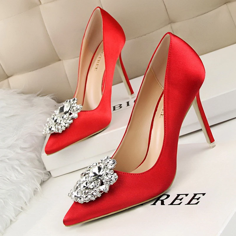 Women Pumps Crystal High Heels Shoes Spring Fashion Women Shoes Pointed Toe Kitten Heels Wedding Shoes Bigtree Shoes Stiletto