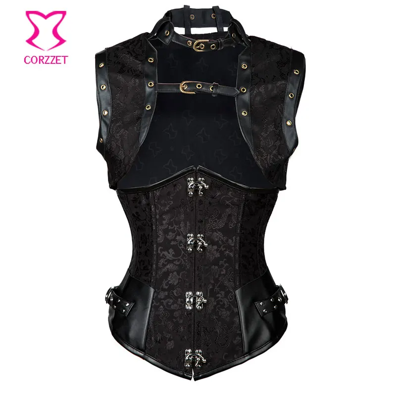 Corzzet Black Jacquard Steampunk Underbust Corsets And Bustier Waist Slimming Plus Size Gothic