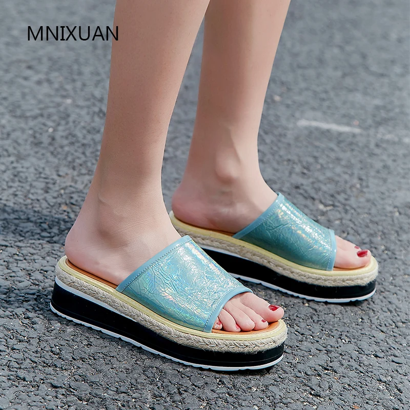 

MNIXUAN Fashion Korean version summer women ladies shoes slippers 2019 new leather peep toe flat platform wedges solid slides