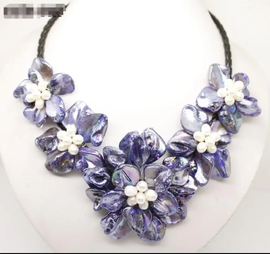 

Hot sale new Style >>>>>Purple Natural Mop mother of pearl shell 5PCS flower pendant necklace 18"long