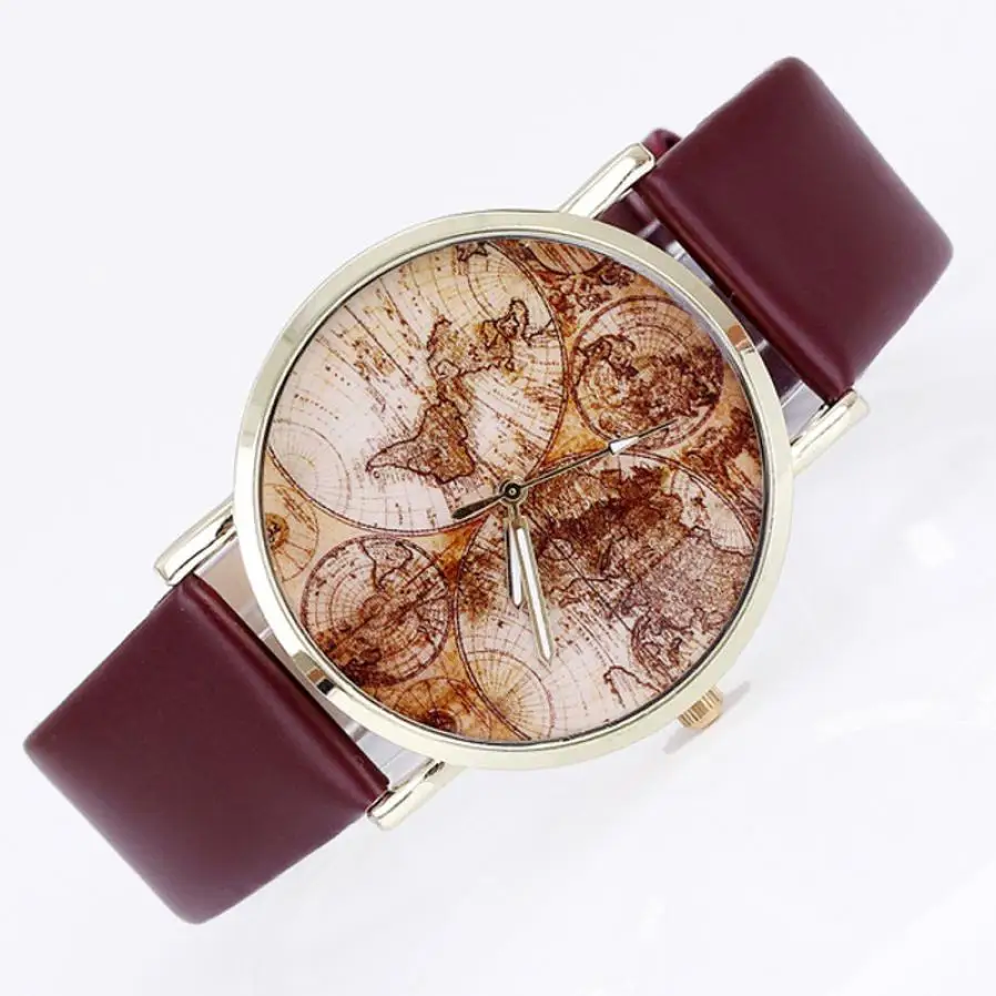 Timezone#301 Duobla Модные женские карта мира кожаный ремешок аналоговые кварцевые наручные часы