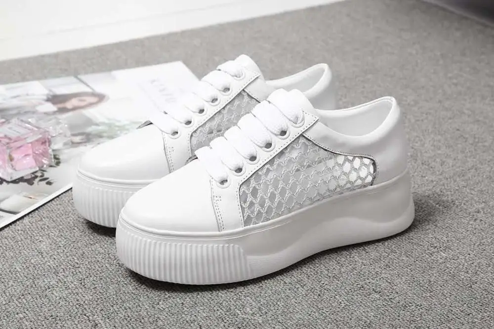 2019 New Fashion Breathable Air Mesh Women's flat platform Casual Shoes Comfortable Woman Sneakers Genuine Leather White Shoes