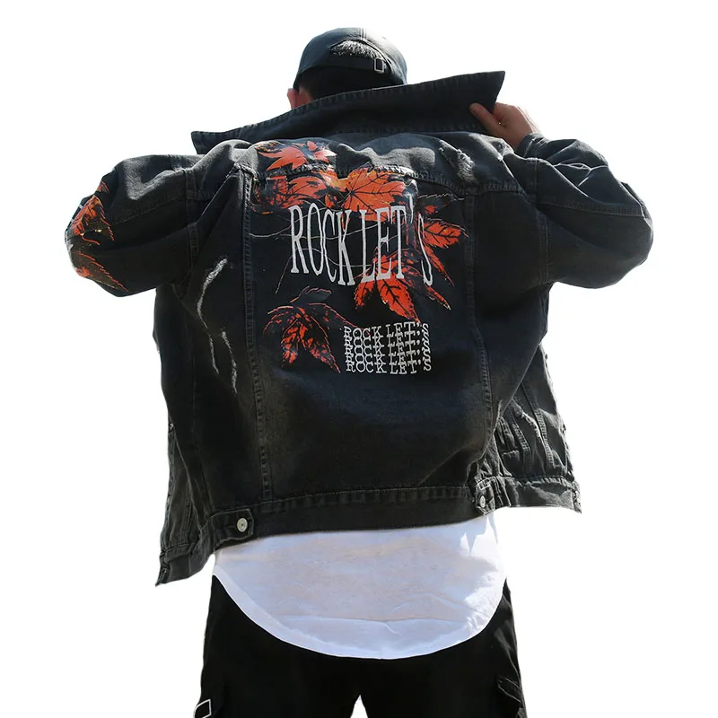 

Brand Men's Clothing Denim Jacket Coat Washed Hole Frayed Outerwear Vintage maple leaf print Black Cowboy Jackets