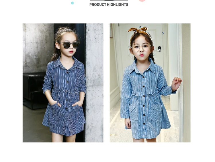 Baby Dress Girls Children's Toddler Girls  College style leisure Washed denim Long sleeve Collect waist stripe shirtdress for 3-14Y kids clothing (2)