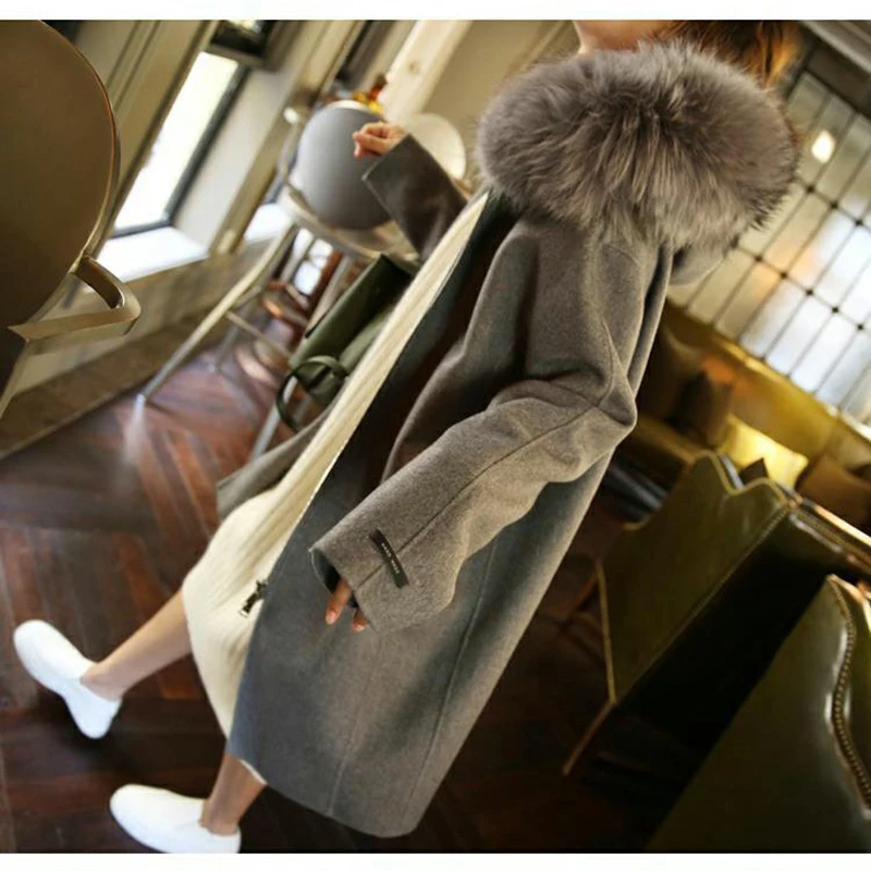 LANMREM 2018 Autumn Winter New Korean Fur Hooded Collar Solid Color Long Sleeves Zipper Wide-waisted Coat Woman EA023