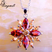 lingmei Gorgeous Jewelry Ruby Spinel Morganite  Silver Chain Necklace Pendant Folwer Design For Women Wholesale Free Shipping