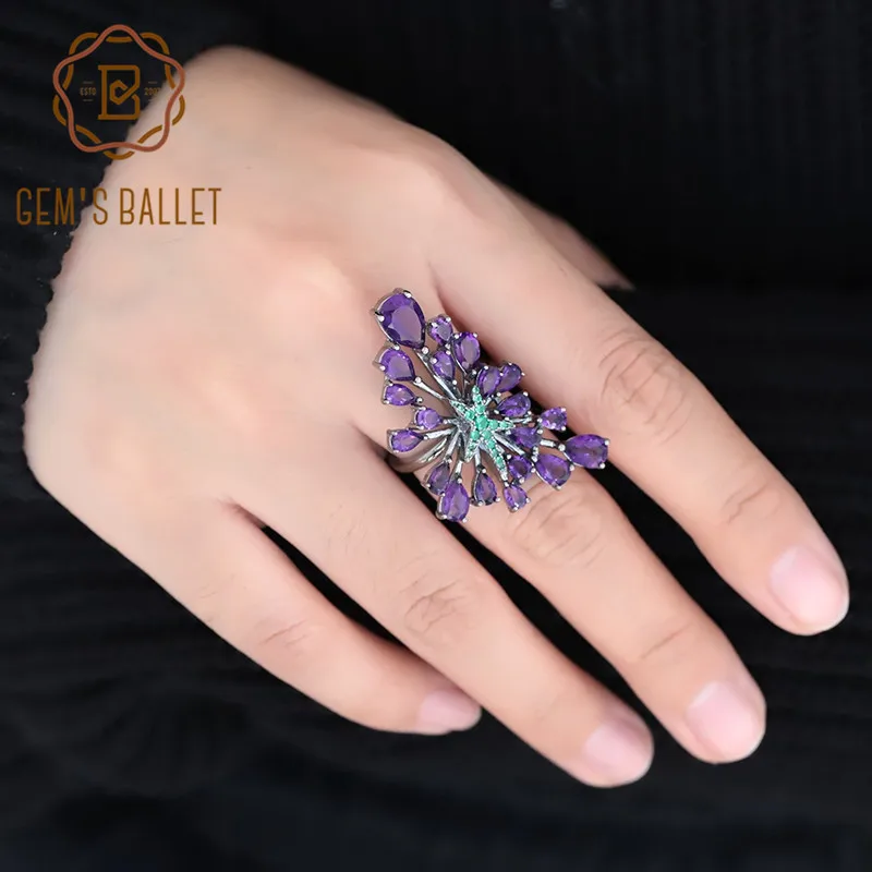 

GEM'S BALLET 925 Sterling Sliver Vintage Gothic Green Star Rings 6.18Ct Natural Amethyst Purple Gemstone Cocktail Ring For Women