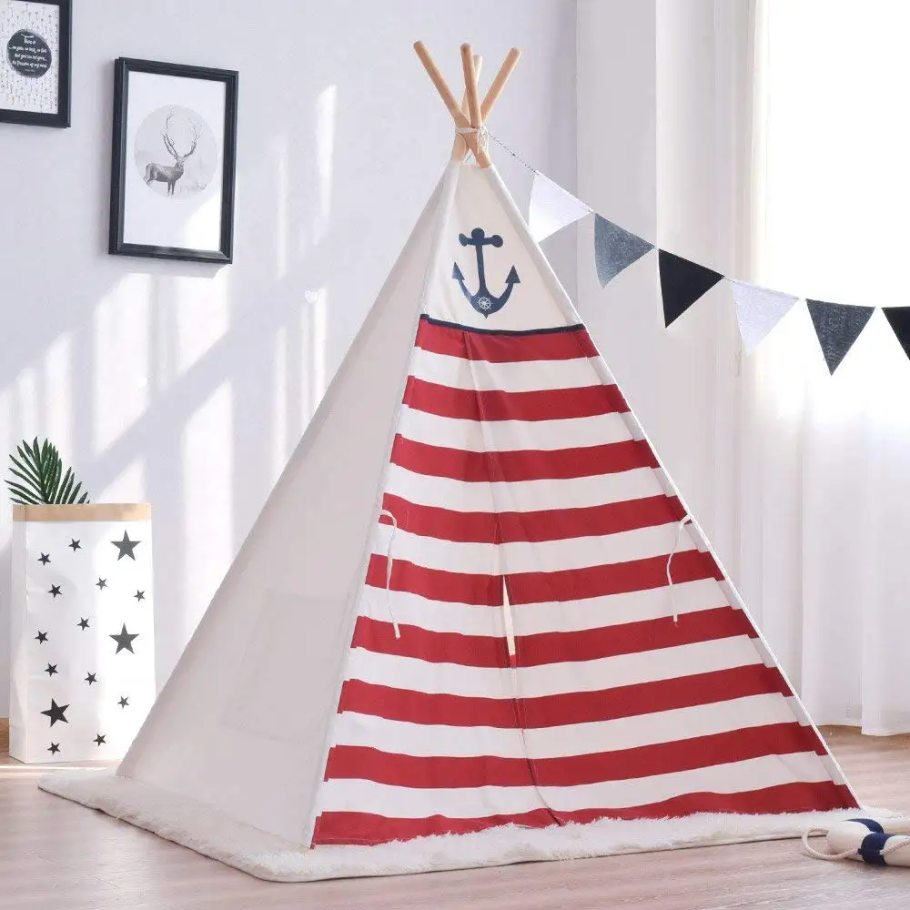

Thick Cotton Canvas Red Striped Kids Play Teepee Tent Tipi Tent