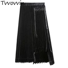 Женская юбка, высокая талия, стандартная юбка, подходит ко всему, черные плиссированные юбки, асимметричные женские длинные юбки, весна, мода E976