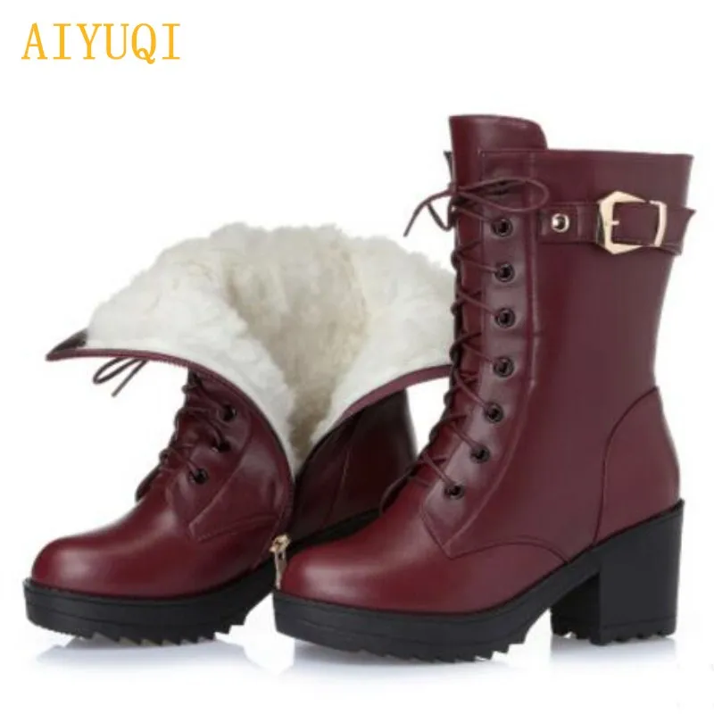 AIYUQI/Новинка года; женские зимние ботинки из натуральной кожи. Толстые теплые шерстяные резиновые лыжные ботинки; теплые женские зимние ботинки; цвет красный, черный; Цвет темно-синий - Цвет: red             wool