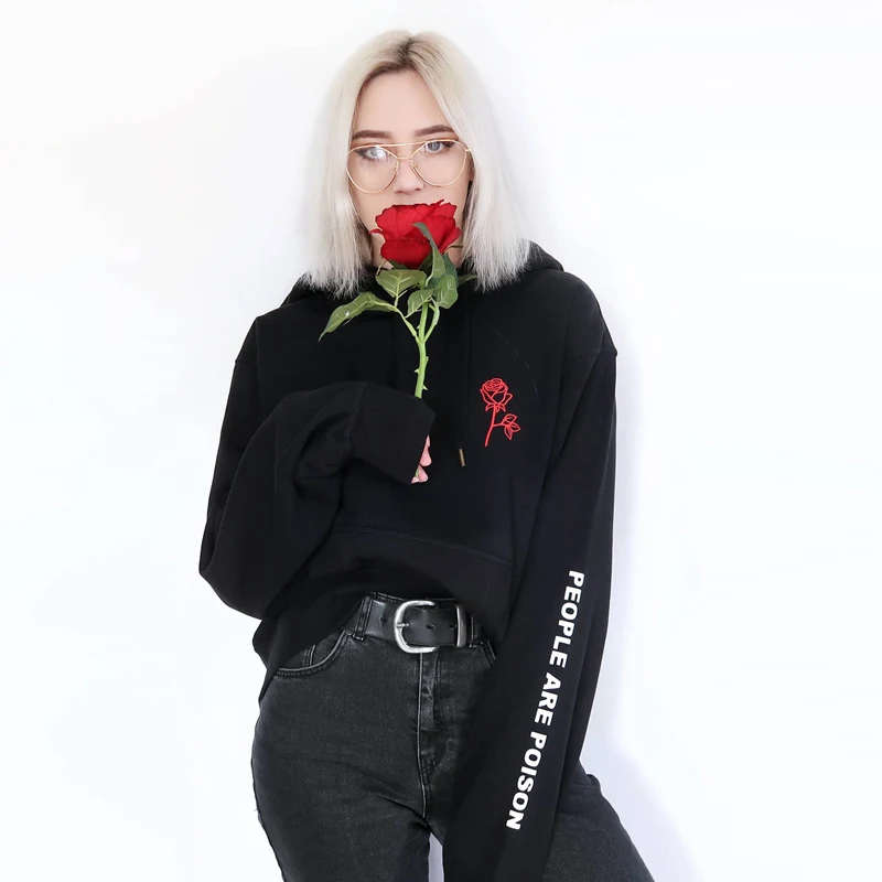 People Are Poison Rose Sleeve Print Hoodie Sweatshirt Black