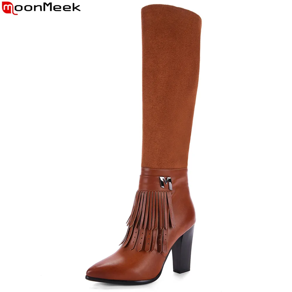 

MoonMeek new arrive women boots pointed toe zipper fashion high quality pu +flock ladies boots black brown knee high boots