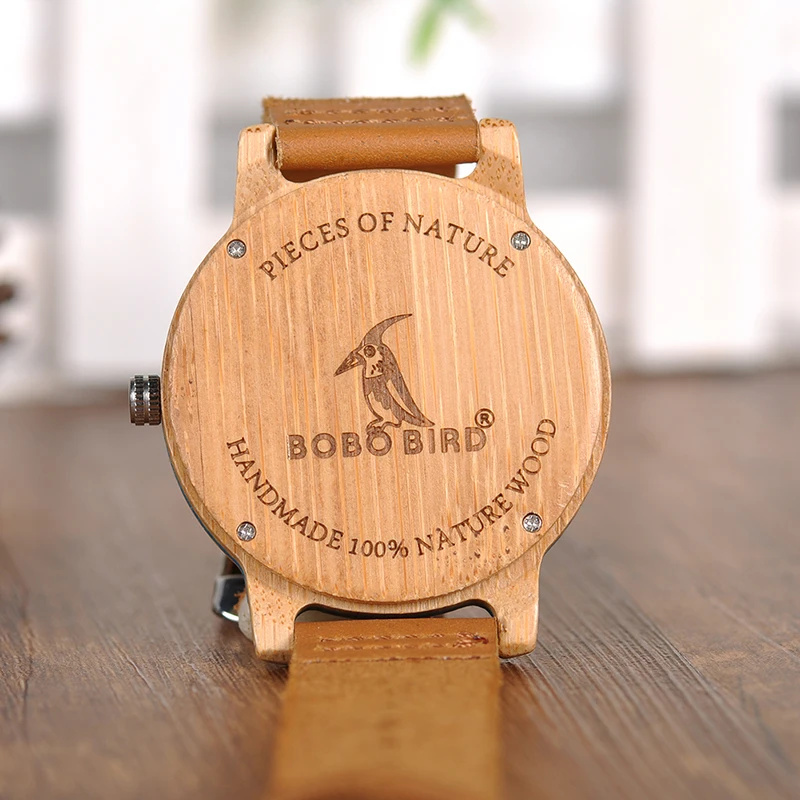 BOBO BIRD Leather Band Watches Bamboo Quartz Wristwatches Timepieces for Men and Women in Gift Box K-aQ22