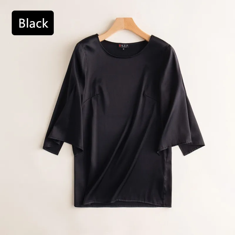 LEECHEE повседневное шелк для женщин сплошной комфорт темперамент блузка для отдыха с круглым вырезом три четверти SleevesLoose дамы рубашк - Цвет: Black