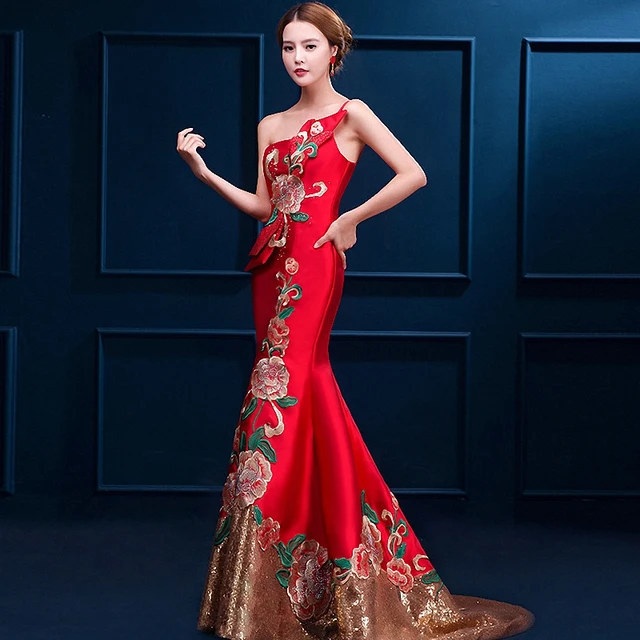 Luxury Red Mermaid Chinese Evening Dresses Flower Embroidery Qipao Long