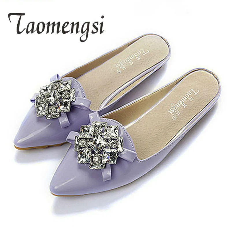 

Patent Leather Slippers Point Toe Women Slippers Sweet Crystal Flat Shoes Women Extra Large Size 43 Casual Ladies Shoes 4 Colors