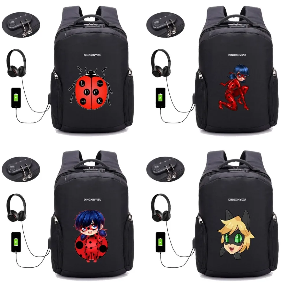

anime Miraculous Ladybug backpack USB charging Anti-theft backpack student book Backpack Teenagers men women Laptop bag 18 style