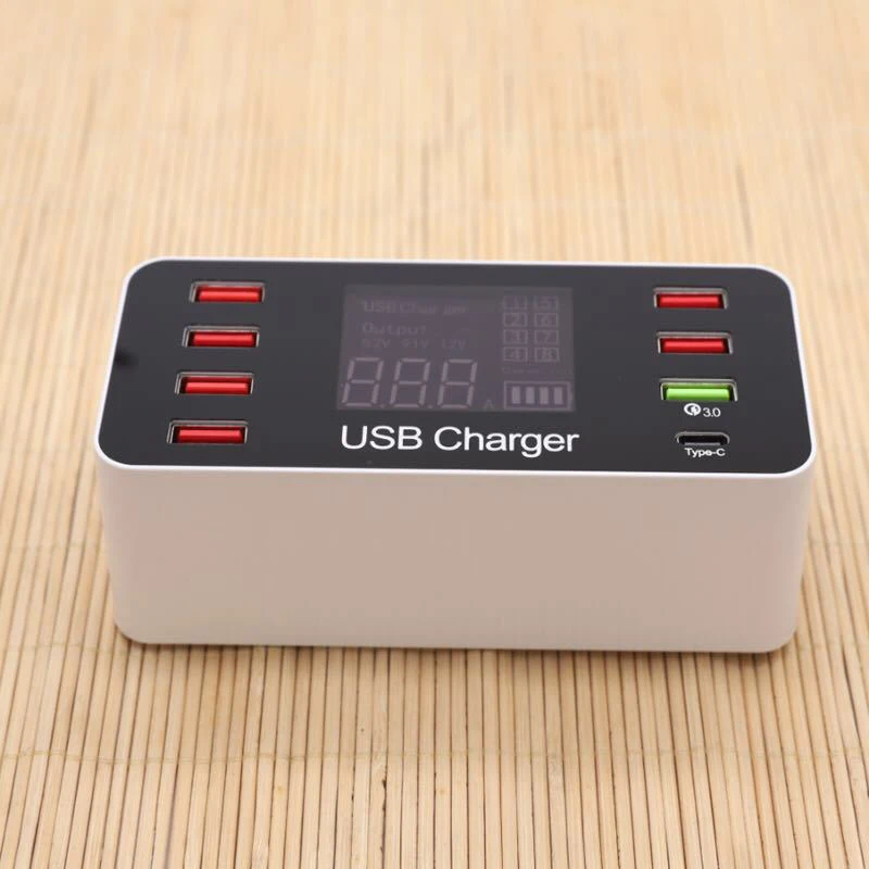 40W Type-C QC3.0 Smart USB Charger with LCD Display with 8 Power Ports for Mobile Phone and Tablets