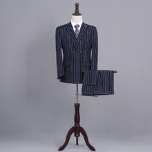 Последний дизайн пальто брюки темно-синий смокинг жениха двубортный Блейзер белая полоса Slim Fit Мужские свадебные костюмы для выпускного вечера