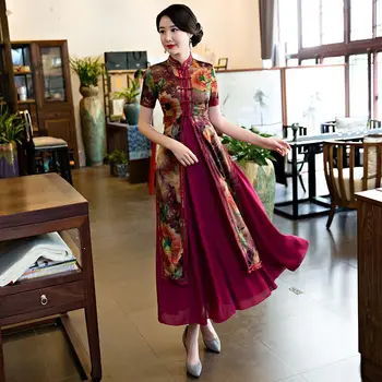 

Fashion Chinese style Women's 2pc Long Cheongsam New Arrival Rayon Dress Elegant Slim Qipao Vestidos Size S M L XL XXL XXXL 4XL