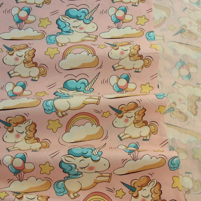 100% cotton twill cloth GRAY PINK AQUA cartoon unicorn rainbow stars fabric for DIY crib bedding cushion quilting handwork decor