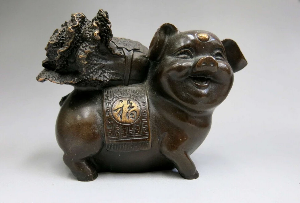

China bronze sculpture carved fine copper Feng Shui Chinese cabbage pig Statue