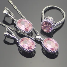 Hermosa Princesa Pink Creado Topacio Mujeres Sistemas de la Joyería de Plata de Ley 925 Pendientes de Plata/Colgante/Collar/Anillos de Envío caja