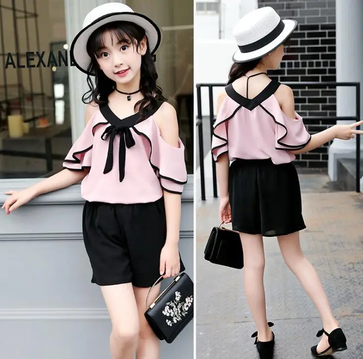 Children's Clothing Set Summer Girl Chiffon Sleeveless Top+ Bow Shorts Suit Clothes for Kids Girls 5 6 8 10 11 12 14 Years Old