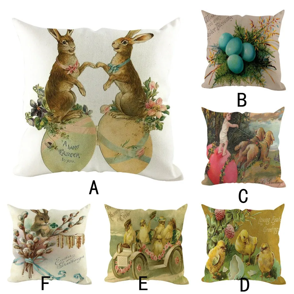 

Cute rabbit print Easter Linen Square Rabbit Throw Pillowcase Waist Cushion Cover Home Decor Environmental decorative pillows