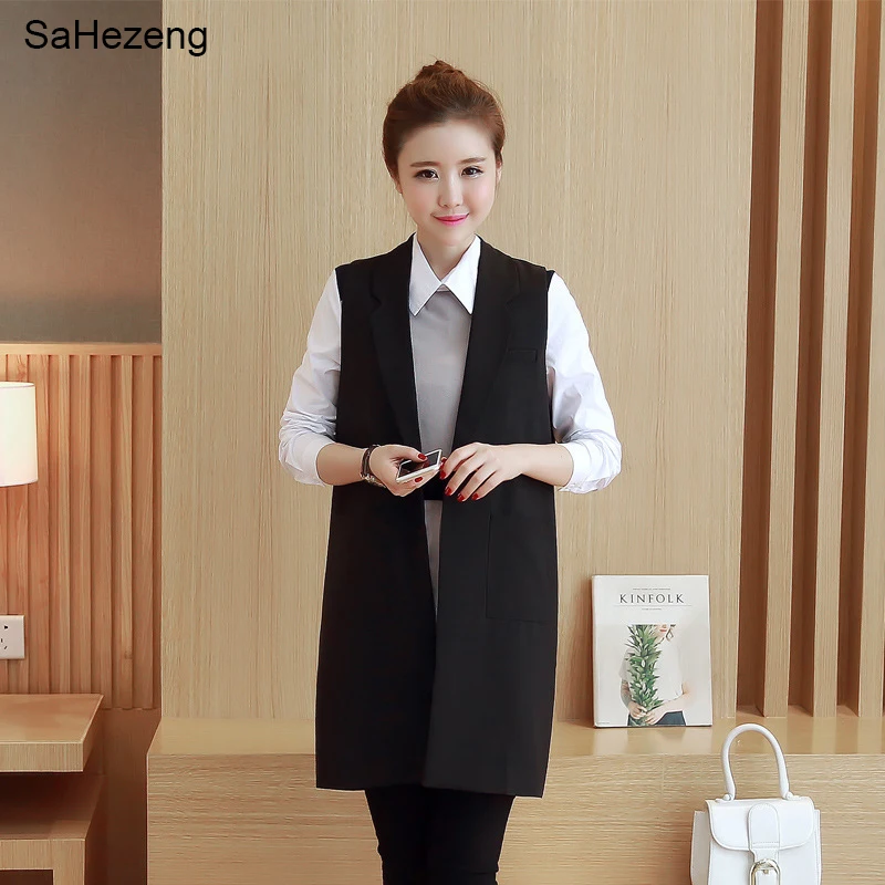 Elegant Women Long Vest Jacket 2017 Spring Casual Black Slim Blazer