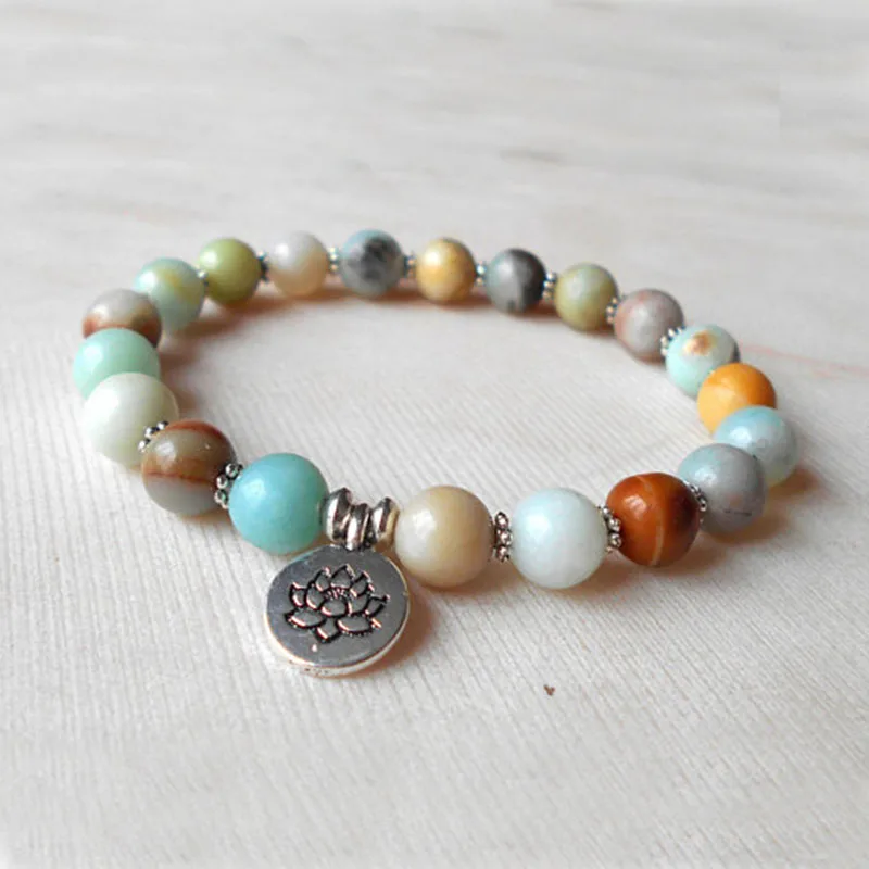 Женский браслет для йоги Amazonite женщин и мужчин Lotus Mala Wrists 8 мм из амазонита OM |