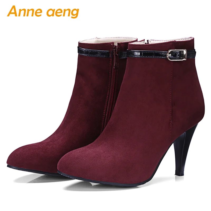 

Autumn winter women boots high thin heels ladies ankle boots zip elegant office women shoes wine red warm boots big size 33-46