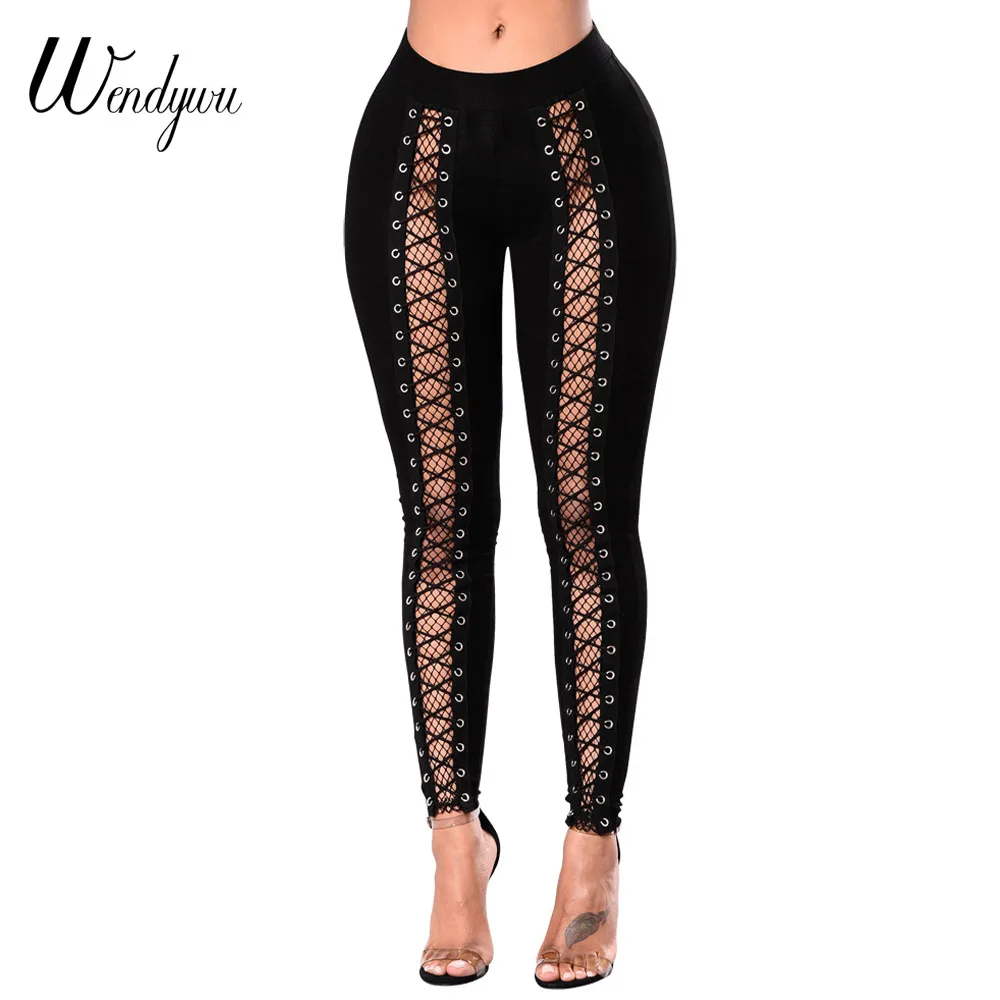 

Wendywu New Women Sexy Stretch Solid Black Lace Up Hollow Out Ankle-Length Bodycon Leggings